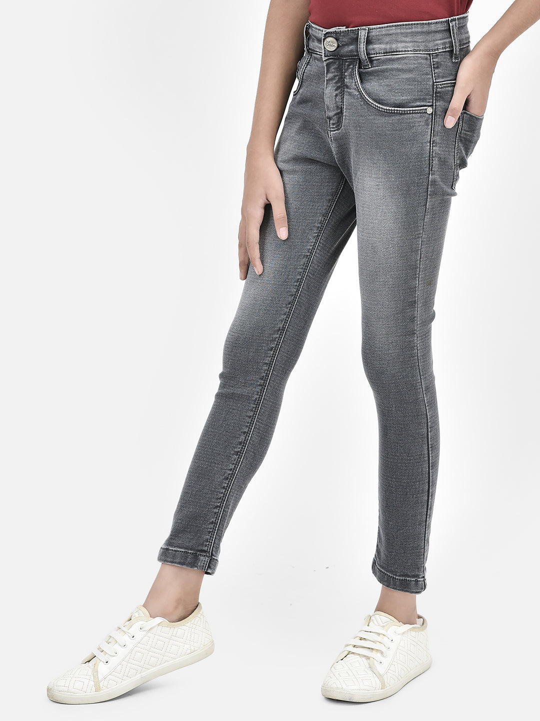 Grey Crop Length Jeans-Girls Jeans-Crimsoune Club