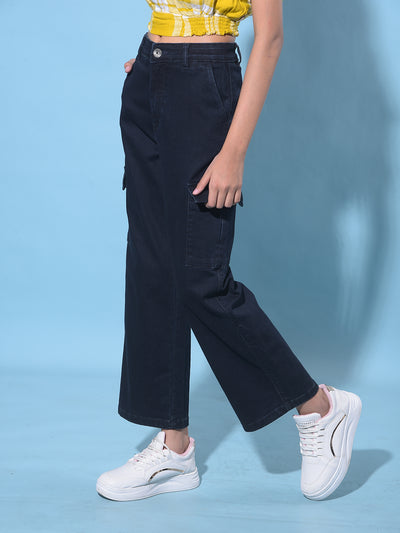 Navy Blue Cargo Jeans-Girls Jeans-Crimsoune Club