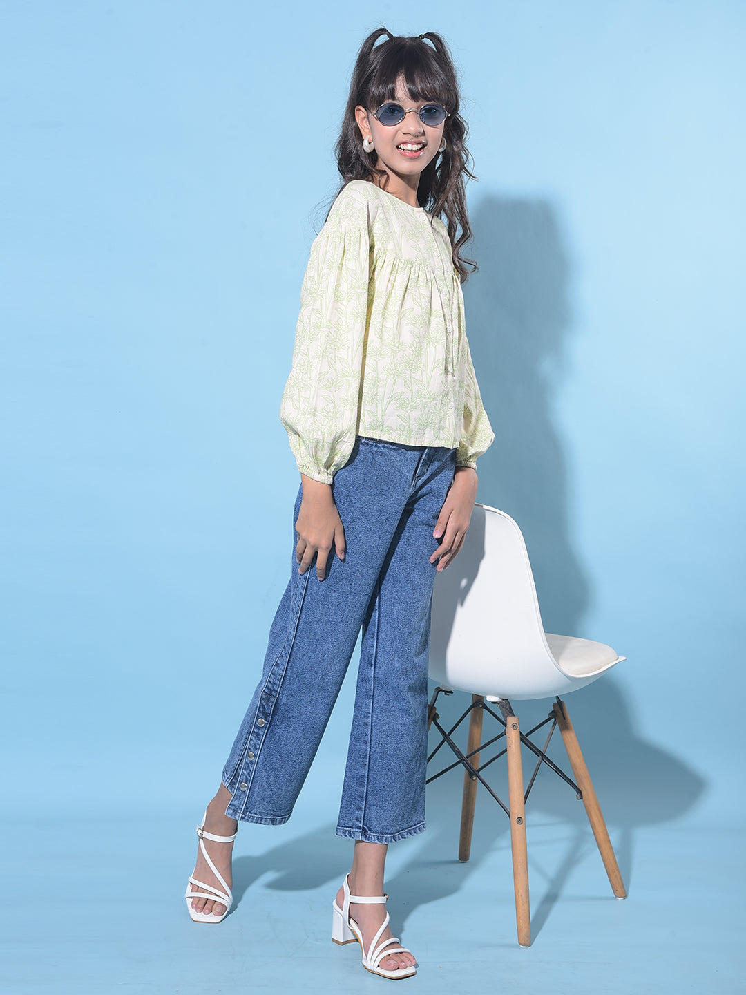 Blue Wide Leg Cropped Jeans-Girls Jeans-Crimsoune Club