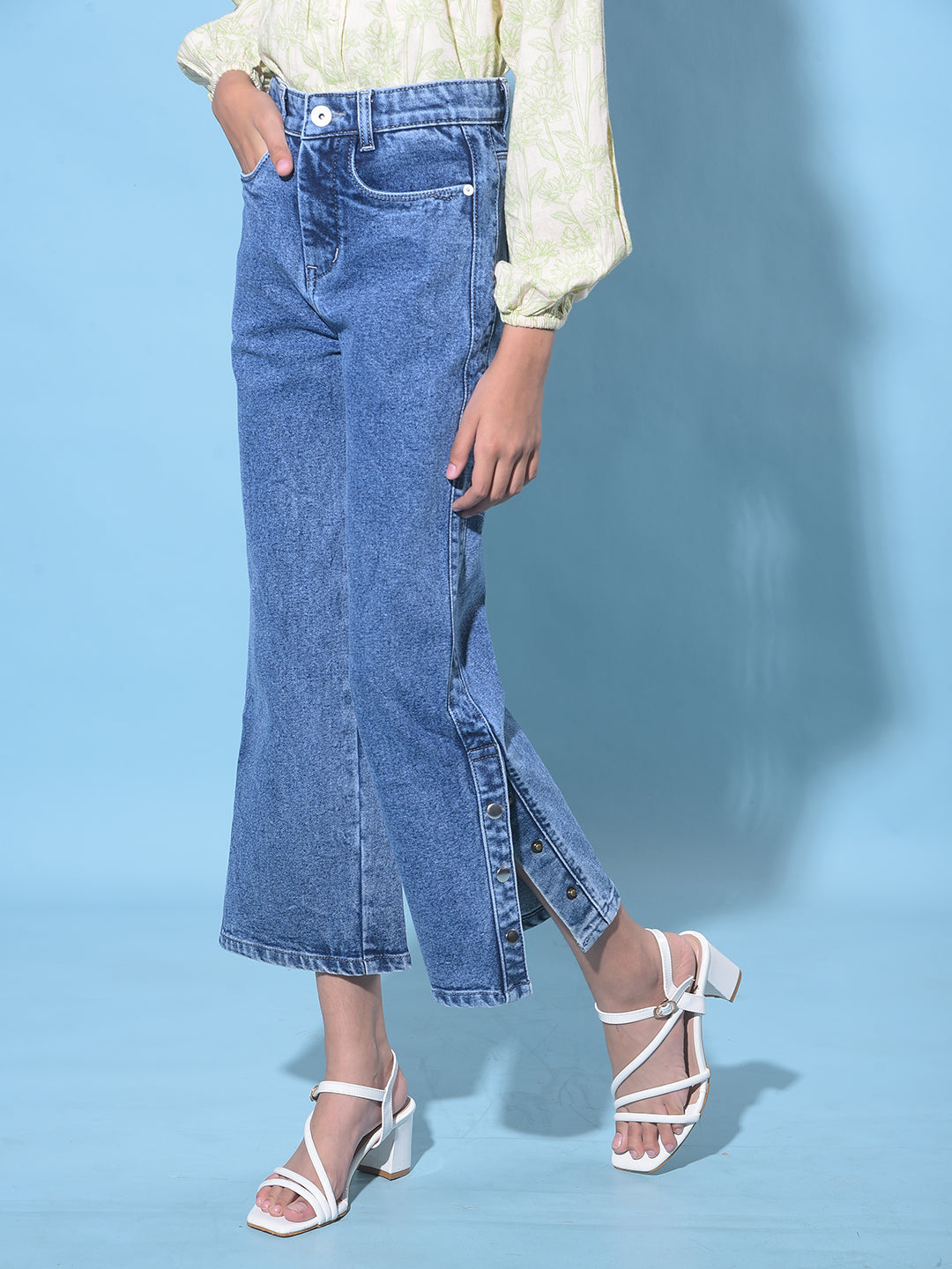 Blue Wide Leg Cropped Jeans-Girls Jeans-Crimsoune Club