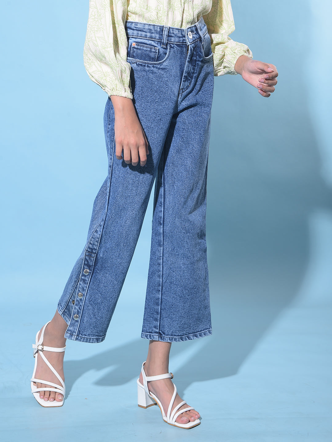 Blue Wide Leg Cropped Jeans-Girls Jeans-Crimsoune Club