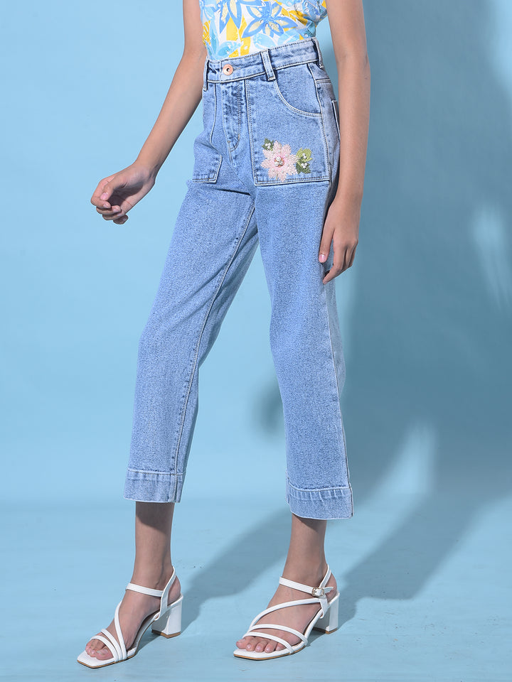 Blue Wide Leg Cropped Jeans-Girls Jeans-Crimsoune Club