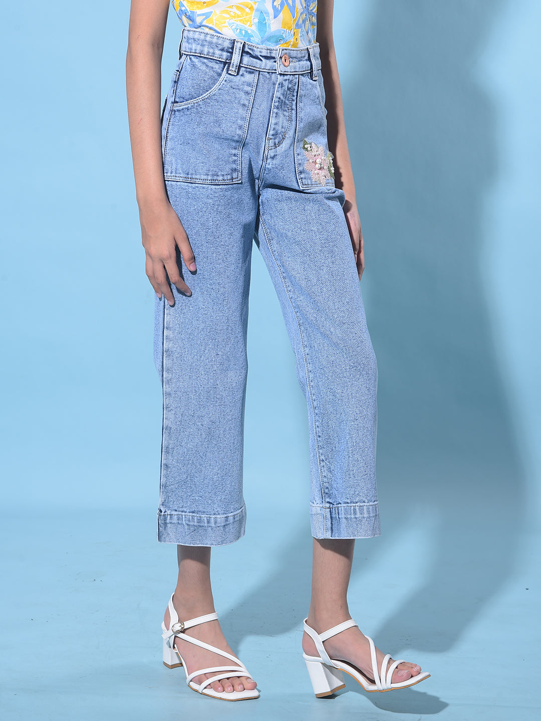 Blue Wide Leg Cropped Jeans-Girls Jeans-Crimsoune Club