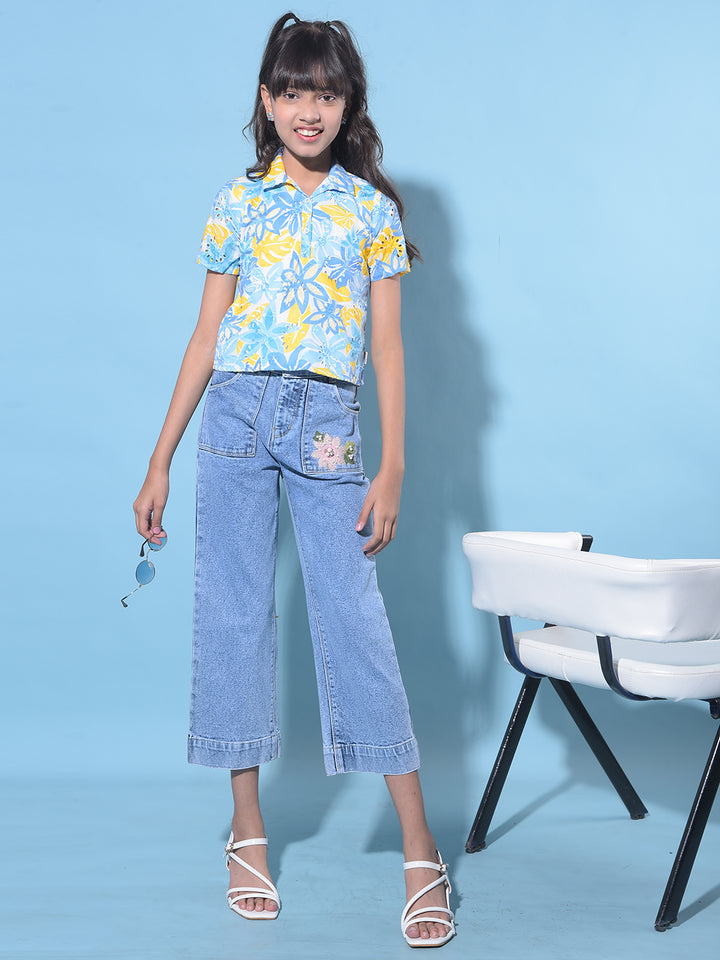 Blue Wide Leg Cropped Jeans-Girls Jeans-Crimsoune Club