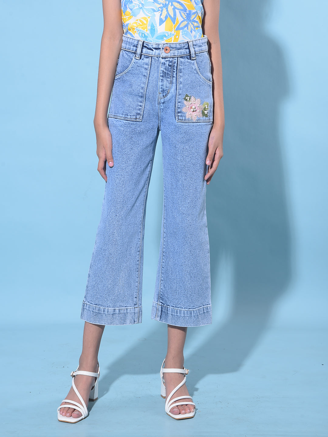 Blue Wide Leg Cropped Jeans-Girls Jeans-Crimsoune Club