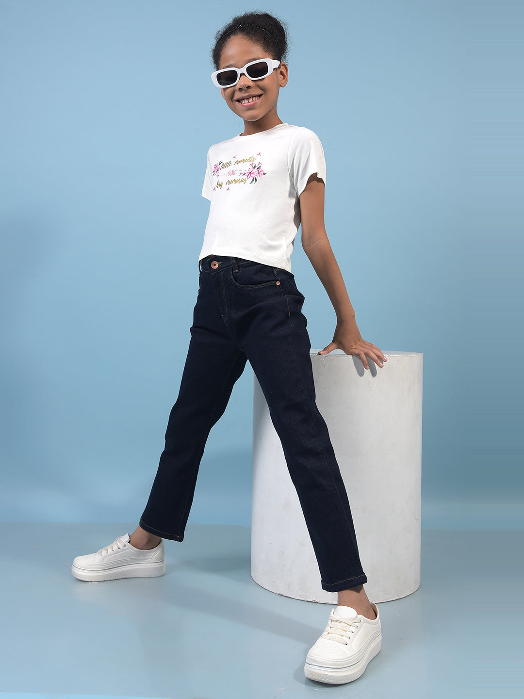 Navy Blue Straight Cotton Jeans-Girls Jeans-Crimsoune Club