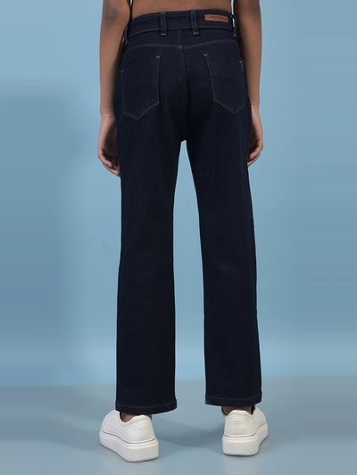 Navy Blue Straight Cotton Jeans-Girls Jeans-Crimsoune Club