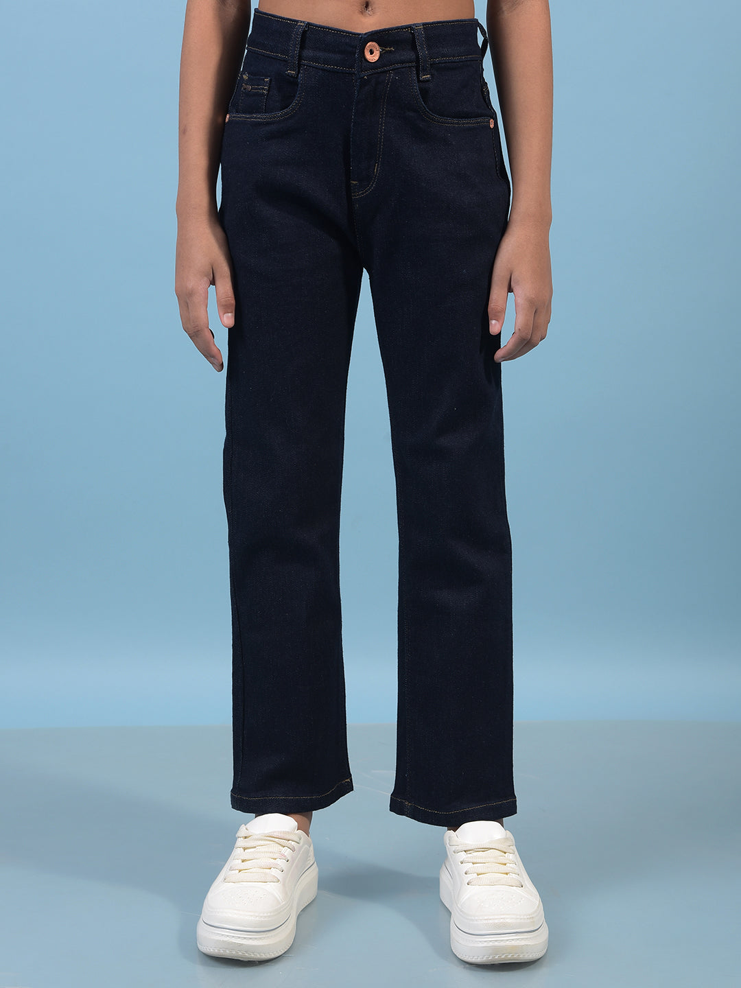 Navy Blue Straight Cotton Jeans-Girls Jeans-Crimsoune Club