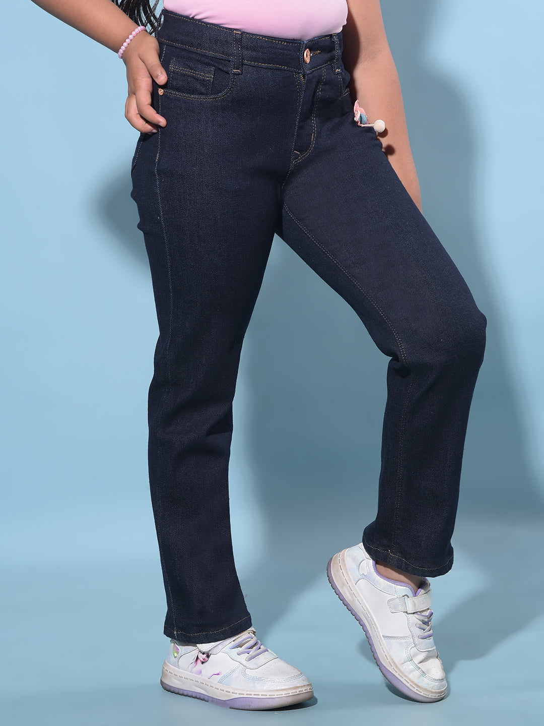 Navy Blue Straight Cotton Jeans-Girls Jeans-Crimsoune Club