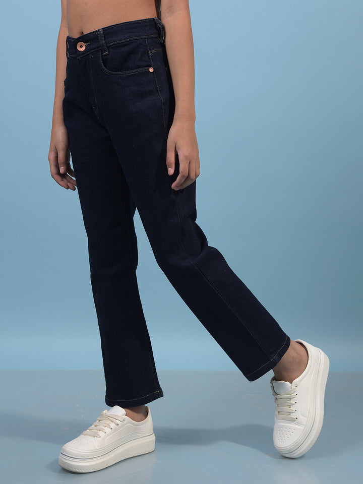 Navy Blue Straight Cotton Jeans-Girls Jeans-Crimsoune Club