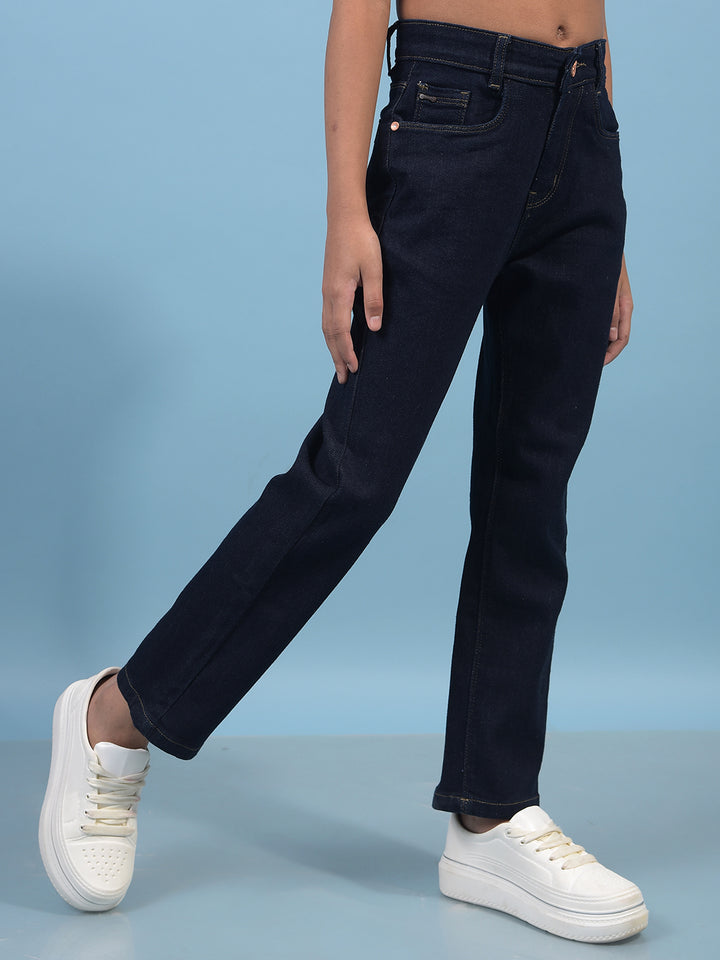 Navy Blue Straight Cotton Jeans-Girls Jeans-Crimsoune Club