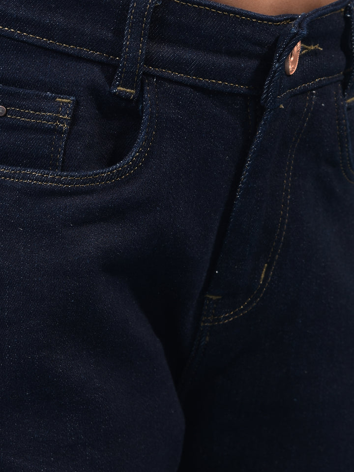 Navy Blue Straight Cotton Jeans-Girls Jeans-Crimsoune Club