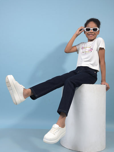 Navy Blue Straight Cotton Jeans-Girls Jeans-Crimsoune Club
