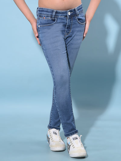 Blue Skinny Cotton Jeans-Girls Jeans-Crimsoune Club