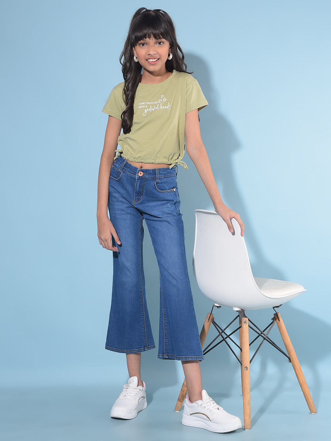 Blue Calf-Length Bootcut Jeans-Girls Jeans-Crimsoune Club