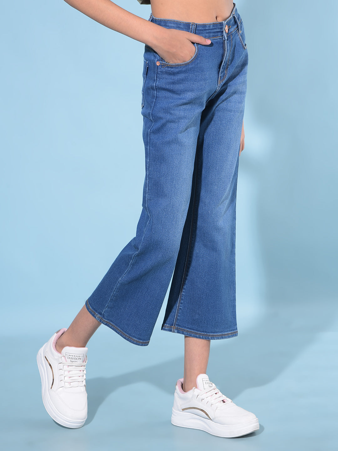 Blue Calf-Length Bootcut Jeans-Girls Jeans-Crimsoune Club