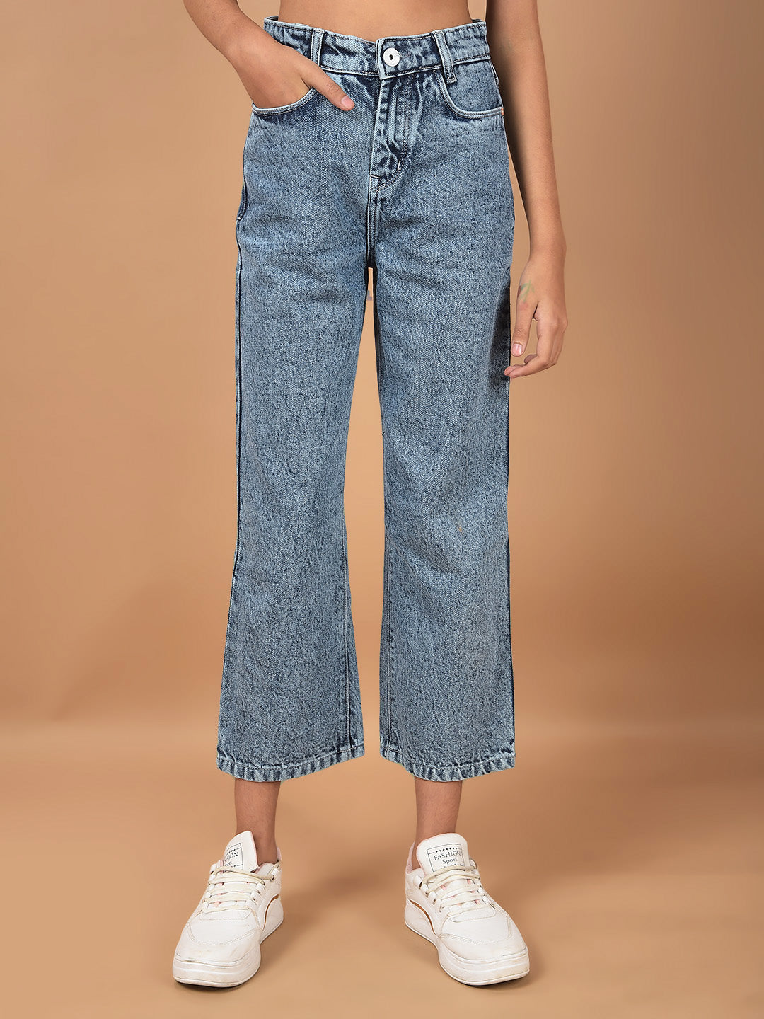 Blue Wide Leg 100% Cotton Crop Length Jeans-Girls Jeans-Crimsoune Club