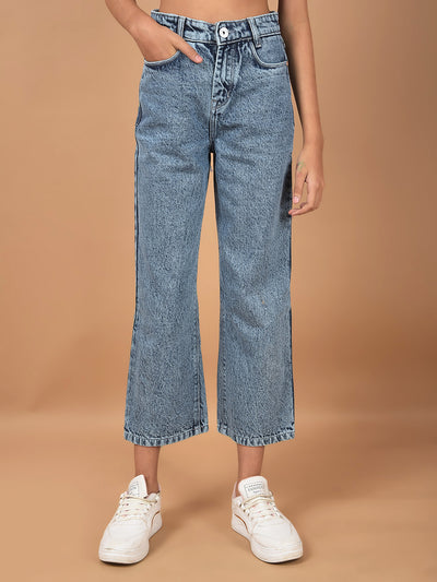 Blue Wide Leg 100% Cotton Crop Length Jeans-Girls Jeans-Crimsoune Club