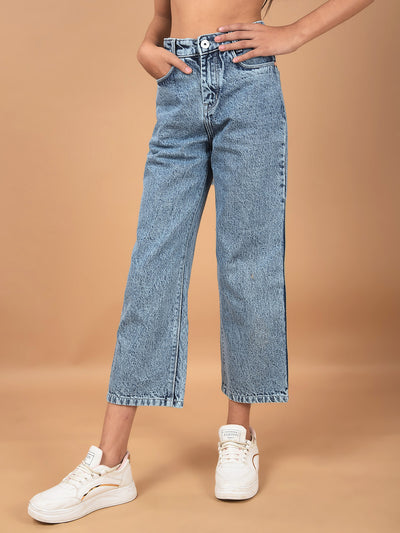 Blue Wide Leg 100% Cotton Crop Length Jeans-Girls Jeans-Crimsoune Club