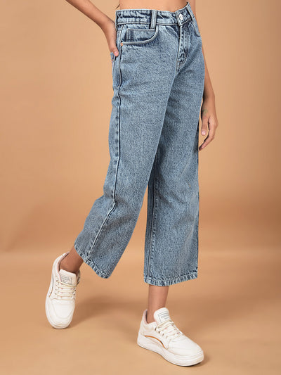 Blue Wide Leg 100% Cotton Crop Length Jeans-Girls Jeans-Crimsoune Club