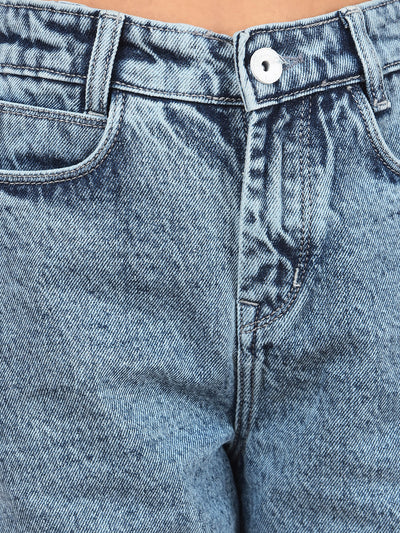 Blue Wide Leg 100% Cotton Crop Length Jeans-Girls Jeans-Crimsoune Club