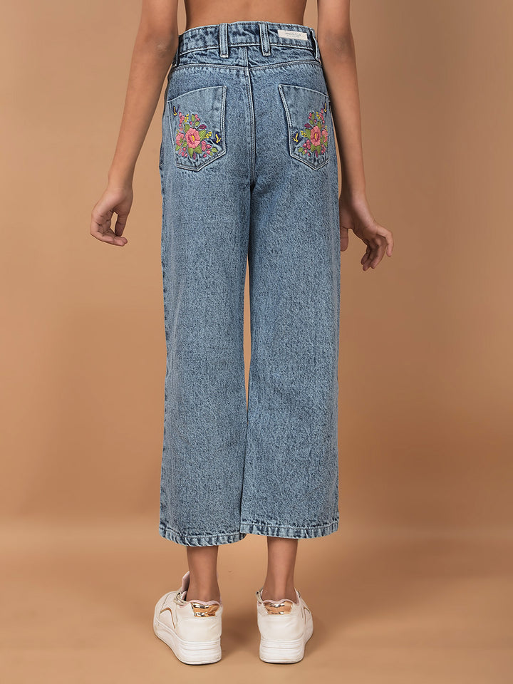 Blue Wide Leg 100% Cotton Crop Length Jeans-Girls Jeans-Crimsoune Club