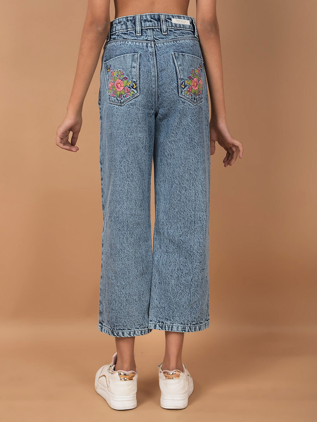 Blue Wide Leg 100% Cotton Crop Length Jeans-Girls Jeans-Crimsoune Club