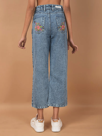 Blue Wide Leg 100% Cotton Crop Length Jeans-Girls Jeans-Crimsoune Club