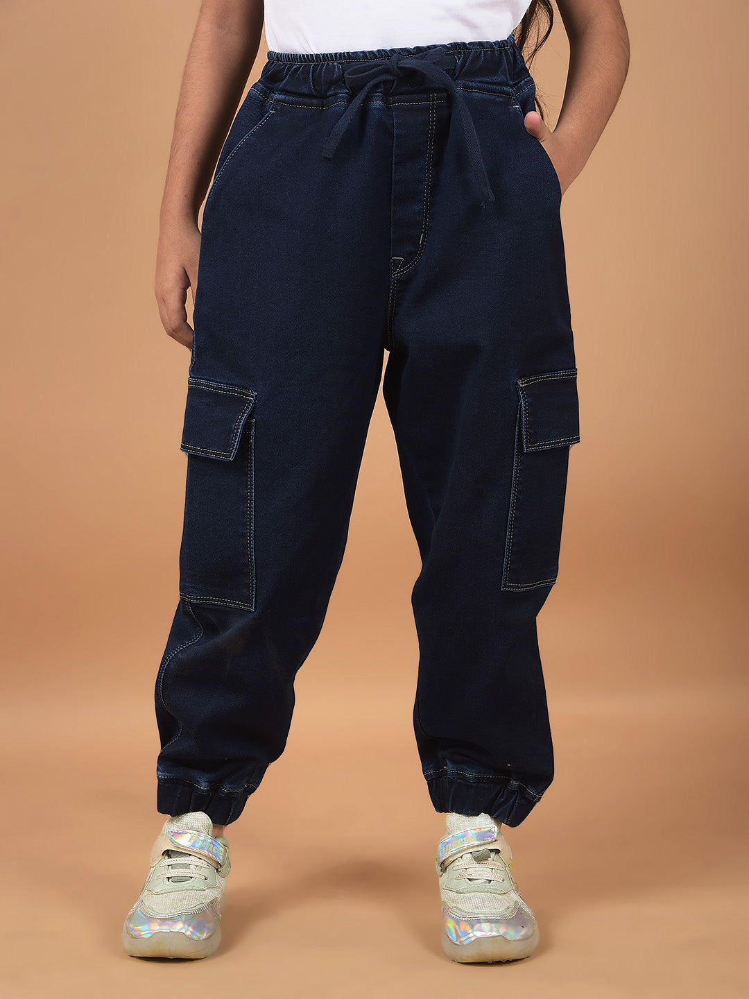 Navy Blue Loose Fit Cargo Joggers-Girls Jeans-Crimsoune Club