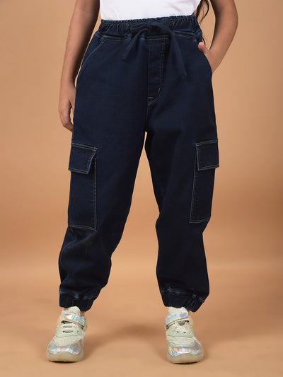 Navy Blue Loose Fit Cargo Joggers-Girls Jeans-Crimsoune Club