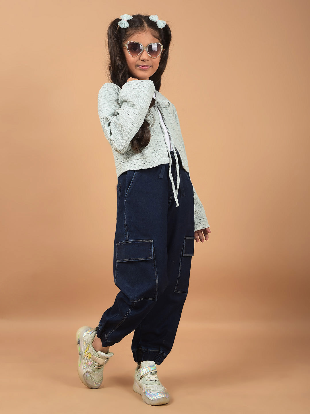 Navy Blue Loose Fit Cargo Joggers-Girls Jeans-Crimsoune Club