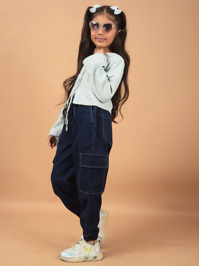 Navy Blue Loose Fit Cargo Joggers-Girls Jeans-Crimsoune Club