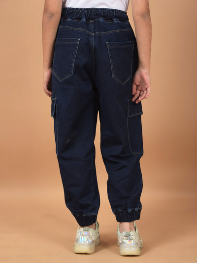 Navy Blue Loose Fit Cargo Joggers-Girls Jeans-Crimsoune Club