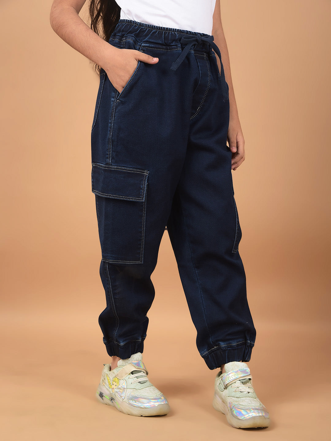 Navy Blue Loose Fit Cargo Joggers-Girls Jeans-Crimsoune Club
