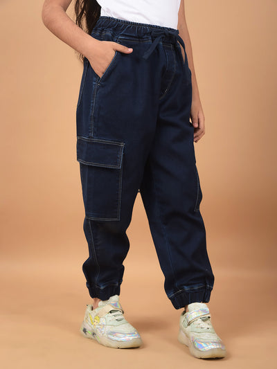 Navy Blue Loose Fit Cargo Joggers-Girls Jeans-Crimsoune Club