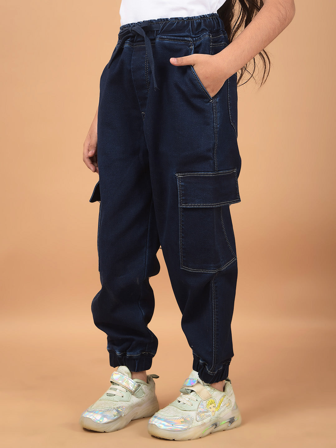 Navy Blue Loose Fit Cargo Joggers-Girls Jeans-Crimsoune Club