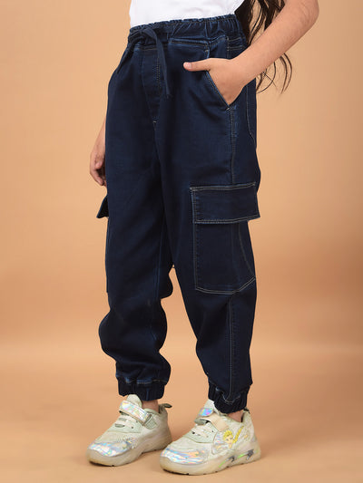 Navy Blue Loose Fit Cargo Joggers-Girls Jeans-Crimsoune Club