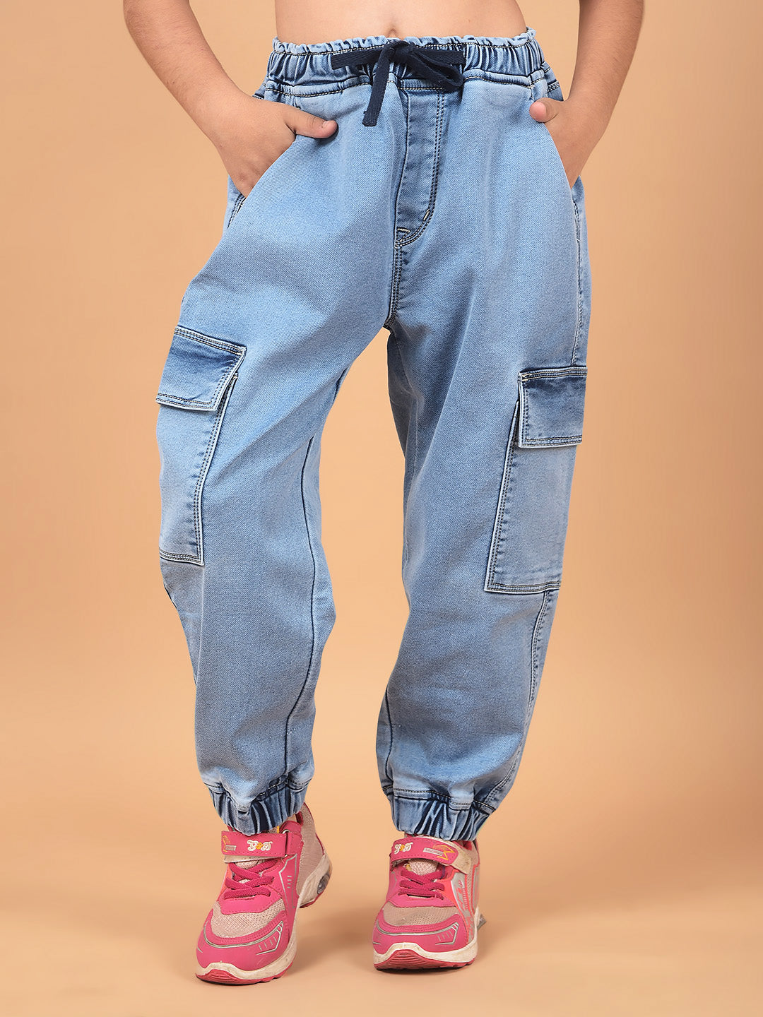 Blue Loose Fit Cargo Joggers-Girls Jeans-Crimsoune Club