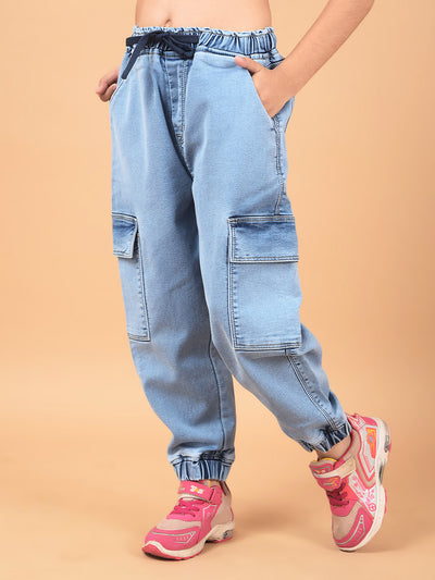 Blue Loose Fit Cargo Joggers-Girls Jeans-Crimsoune Club
