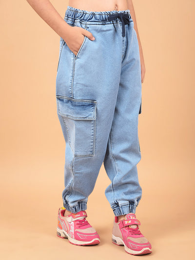 Blue Loose Fit Cargo Joggers-Girls Jeans-Crimsoune Club
