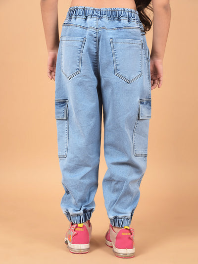 Blue Loose Fit Cargo Joggers-Girls Jeans-Crimsoune Club