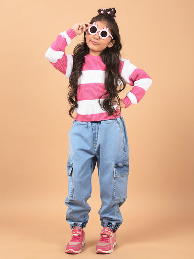 Blue Loose Fit Cargo Joggers-Girls Jeans-Crimsoune Club