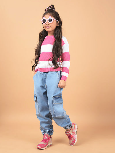 Blue Loose Fit Cargo Joggers-Girls Jeans-Crimsoune Club
