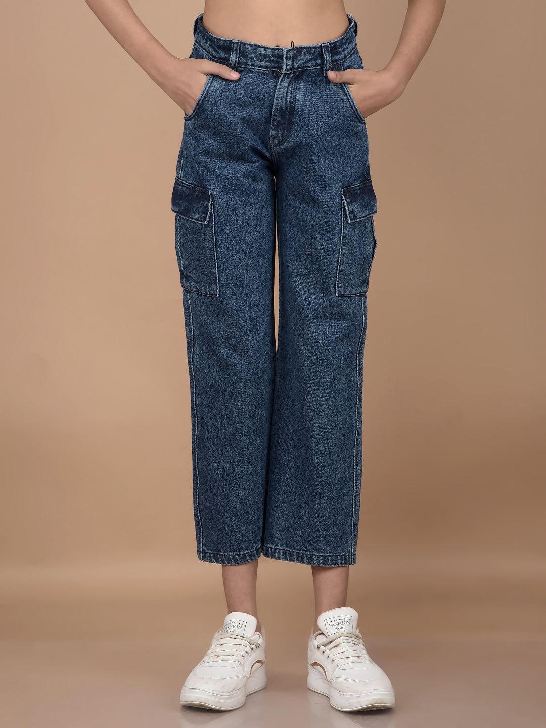 Blue Relaxed Fit Crop-Length Cargo Jeans-Girls Jeans-Crimsoune Club