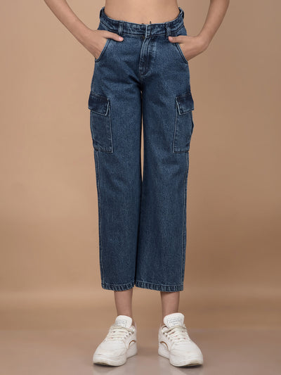 Blue Relaxed Fit Crop-Length Cargo Jeans-Girls Jeans-Crimsoune Club