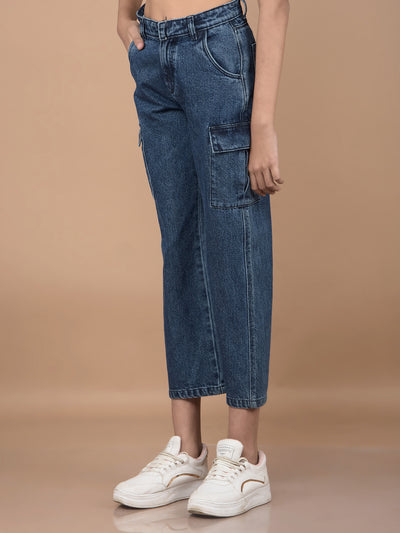 Blue Relaxed Fit Crop-Length Cargo Jeans-Girls Jeans-Crimsoune Club
