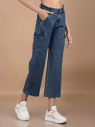 Blue Relaxed Fit Crop-Length Cargo Jeans-Girls Jeans-Crimsoune Club