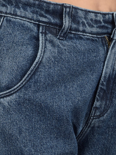 Blue Relaxed Fit Crop-Length Cargo Jeans-Girls Jeans-Crimsoune Club