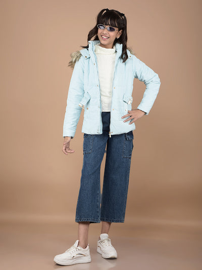 Blue Relaxed Fit Crop-Length Cargo Jeans-Girls Jeans-Crimsoune Club