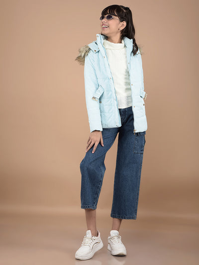 Blue Relaxed Fit Crop-Length Cargo Jeans-Girls Jeans-Crimsoune Club